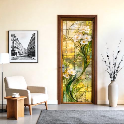 Image of Stained Glass Floral Door Sticker Peel & Stick Cover, 30.3x78.7in