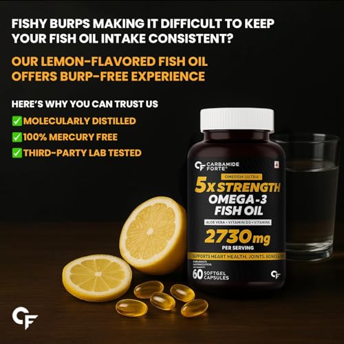 Image of Carbamide Forte 5X Strength Omega 3 Fish Oil Capsules 2730mg | Fish Oil Omega 3 Supplement To Support Overall Health & Skin With Added Aloevera, Vitamin D3, Vitamin E For Men & Women - 60 Softgels