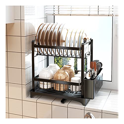 Escurridor de platos de acero al carbono de 2 niveles, escurridor de platos para encimera de cocina con bandeja de drenaje automático y soporte para cubiertos, 36 x 24,5 x 37,5 cm, color negro