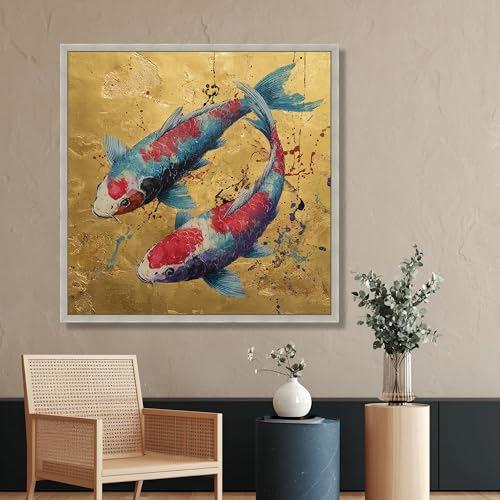 Tableau carpe koï 60x60 cm sur fond doré style peinture japonaise - 4