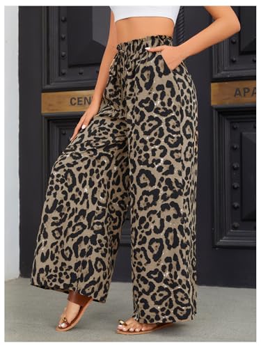 OYOANGLE Women's Leopard Print Elastic High Waist Wide Leg Pants Tie Front Pockets Loose Casual Trousers3