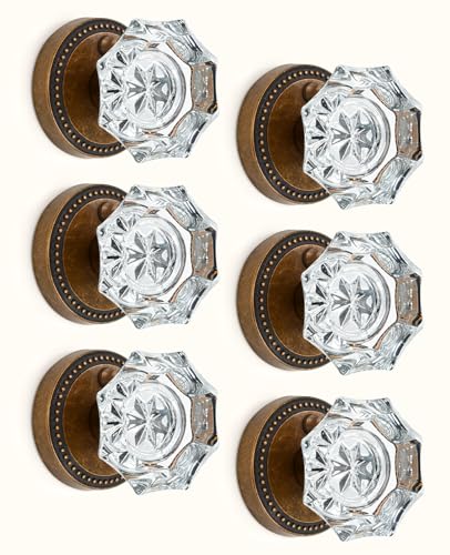 Asidrama 6 Pack Privacy Antique Brass Crystal Door Knob with Lock Vintage Antique Brass Glass Door Knobs Interior for Bedroom or Bathroom Heavy Duty Door Handle for Left Right Sided Doors
