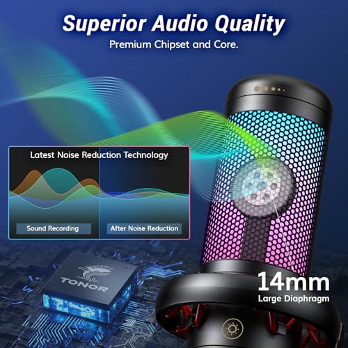 Image of TONOR Gaming Microphone Set, PC Condenser Mic with RGB for Gamers | Desktop Stand Set, Quick Mute, Volume Control, for Twitch Streaming, Discord Chatting, 200 cm /78'' Cable, Black, TC310