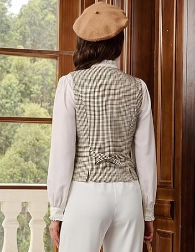 Belle Poque Braune Karierte Weste für Damen Lässig Anzugweste U-Ausschnitt Button-Down Westen für Hemden Oberteile