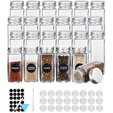 Tallgoo Gewürzgläser Eckig 24er Set,120ml Gewürzdosen Glas Gewürzstreuer mit Gewürzetiketten,weißem Kreidestift zum Beschriften der Etiketten + Reinigungsbürste + Silikon Trichter Cover