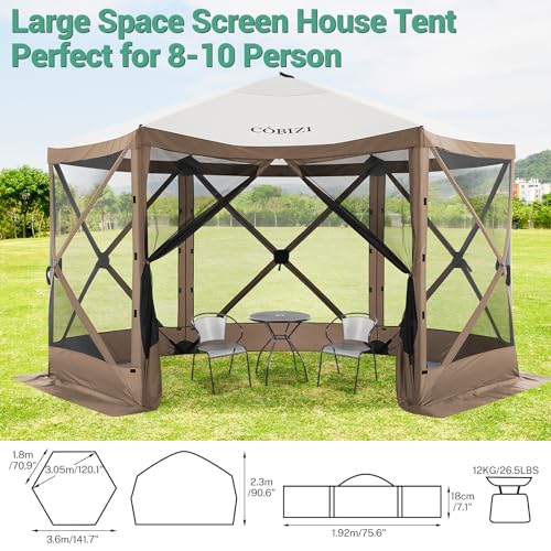 Image of COBIZI 12x12 FT Pop Up Canopy Shelter Tent, Large Gazebos On Clearance with Sidewalls, Screened in Gazebo, Screen Tents Portable carpas para Patio for Outdoor Camping, Backyard, Garden, Beach,Brown