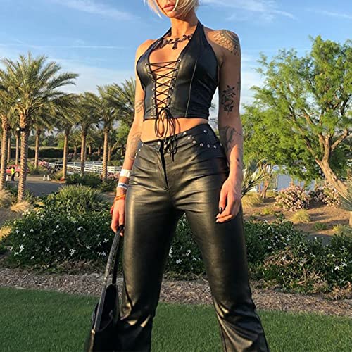 Sexy Corset Tops for Women Adjustable Spaghetti Straps PU Leather Bustier Crop Top Rave Outfit Party Club Night Black2