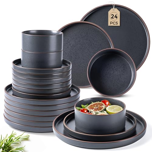 Image of LERATIO Ceramic Dinnerware Sets for 8, High Edge Stoneware Plates and Bowls Set, Chip and Crack Resistant | Oven & Dishwasher & Microwave Safe Dishes Set, Service for 8 -Ashen