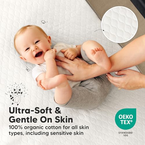 Image of 1-Pack Mini Waterproof Crib Mattress Protector - Quiet Pack and Play Mattress Pad Cover, 38 inch x 26 inch Mini Baby Crib Sheets, Soft Absorbent Quilted Cotton, Machine Washable, Easy Fit (Soft White)