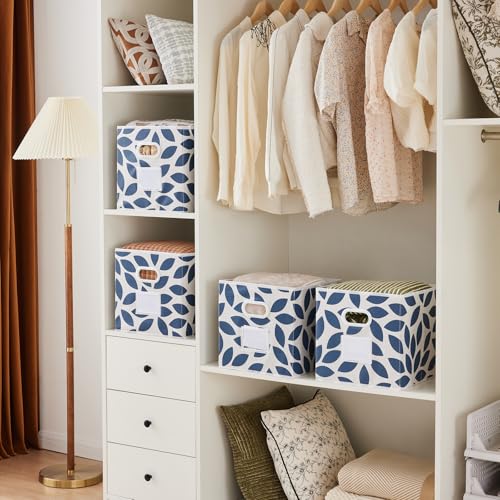 Image of MAX Houser Fabric Storage Bins Cubes Baskets Containers with Dual Plastic Handles for Home Closet Bedroom Drawers Organizers, Foldable, Set of 6 (Blue)