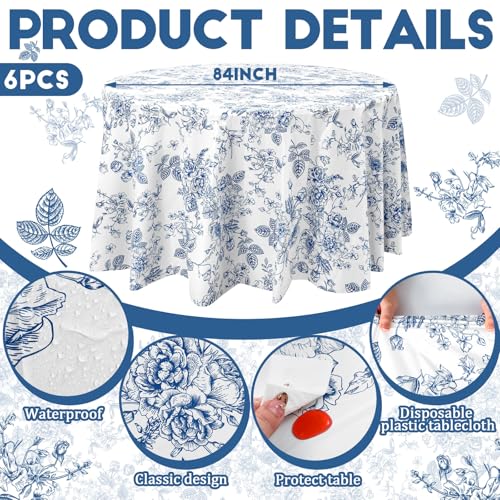 Image of Ganeen 6 Pcs Blue Floral Plastic Tablecloth 84 Inch Round Vintage Floral Tablecloth Disposable Round Flower Waterproof Table Covers for Birthday Wedding Baby Shower Picnic Dinner Party Decoration