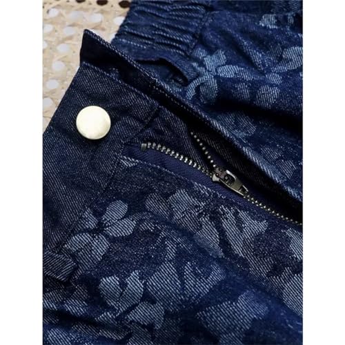 Deep Blue Vintage Long Maxi Women Elastic High Waist Autumn Tassels Printed Denim Skirt with Pockets3
