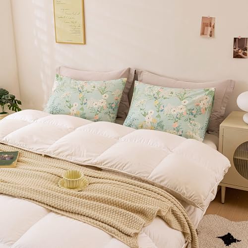 Image of ECOCOTT Sage Green Floral King Standard Size Set of 2, 100% Washed Cotton Pillow Cases with Envelope Closure, Botanical Wildflower Printed Pillow Covers 20 inchX36 inch