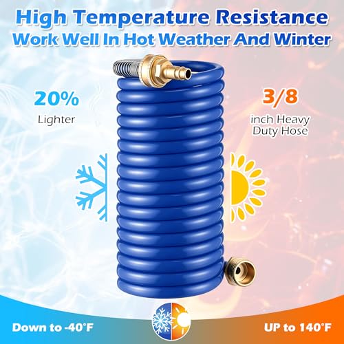 Image of RV Exterior Shower Hose, 15FT Coil Water Hose with 1 /2 inch Quick Connect Adapter, Recoils to 9 inch - Weather Resistant Recoil Garden Camper Tube for RV Outdoor Shower, Garden Use, 3 /4 inch Fitting