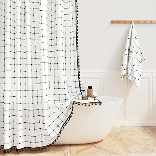 Image of BTTN Extra Long Shower Curtain - 72x84 Inch Long Boho Chic Tassel Linen Fabric Shower Curtain Set with Hooks, Modern Farmhouse Elegant Heavy Duty Cloth Shower Curtains for Bathroom - White and Black