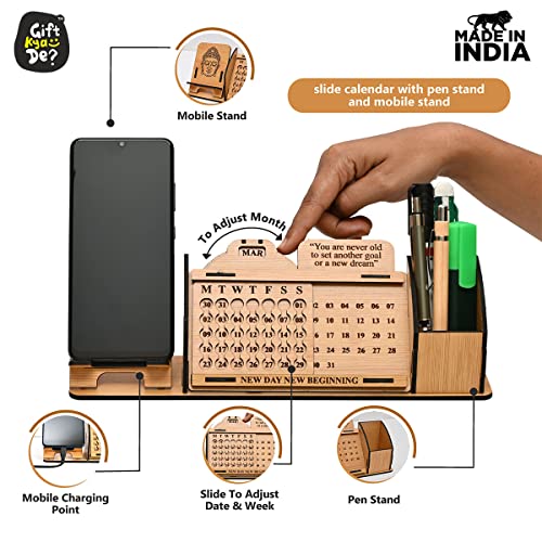 Image of Gift Kya De Wooden Desk Organizer with Desk Calendar, Mobile Holder & Pen Stand | APJ Abdul Kalam Printed Quote & Design | Office Table Decor Gift | Made in India (Eco Friendly)