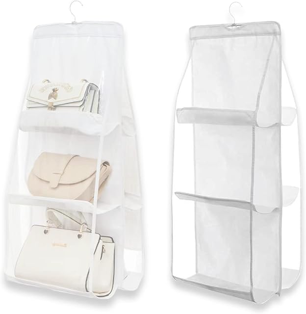 NEUSID Handbag Storage Organiser, 2 Pack Hanging Handbag Purse Organizer with 6 Easy Access Clear Pockets, Wardrobe Accessory Holder for Purse, Handbag, Home, Bedroom Wardrobe Closet Storage