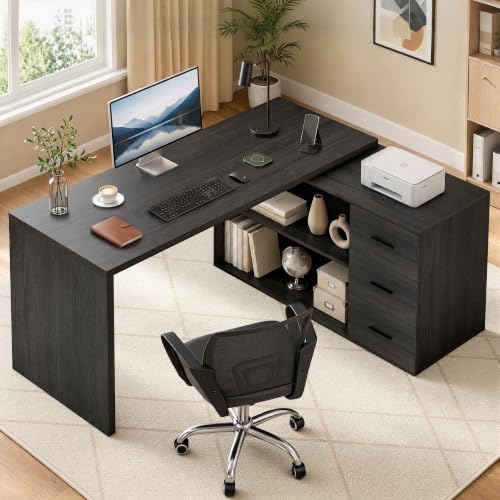 Image of HSH 60 inch Rustic L Shaped Computer Corner Desk with 3 Storage Drawers