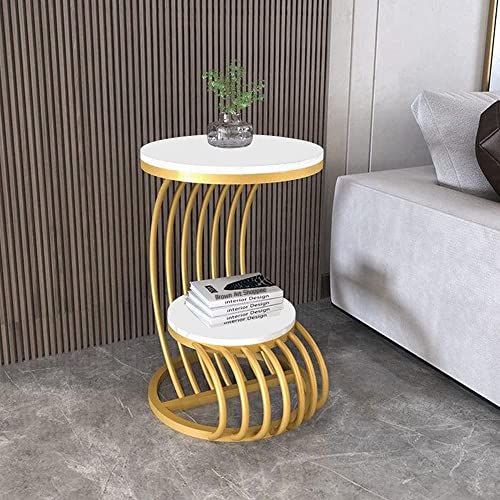 Image of End Table with Decorative Legs, in-Lay Top, Home Decor Accent Furniture -Tier Metal Coffee Table with Open Storage Shelf for Living Room (Golden White)