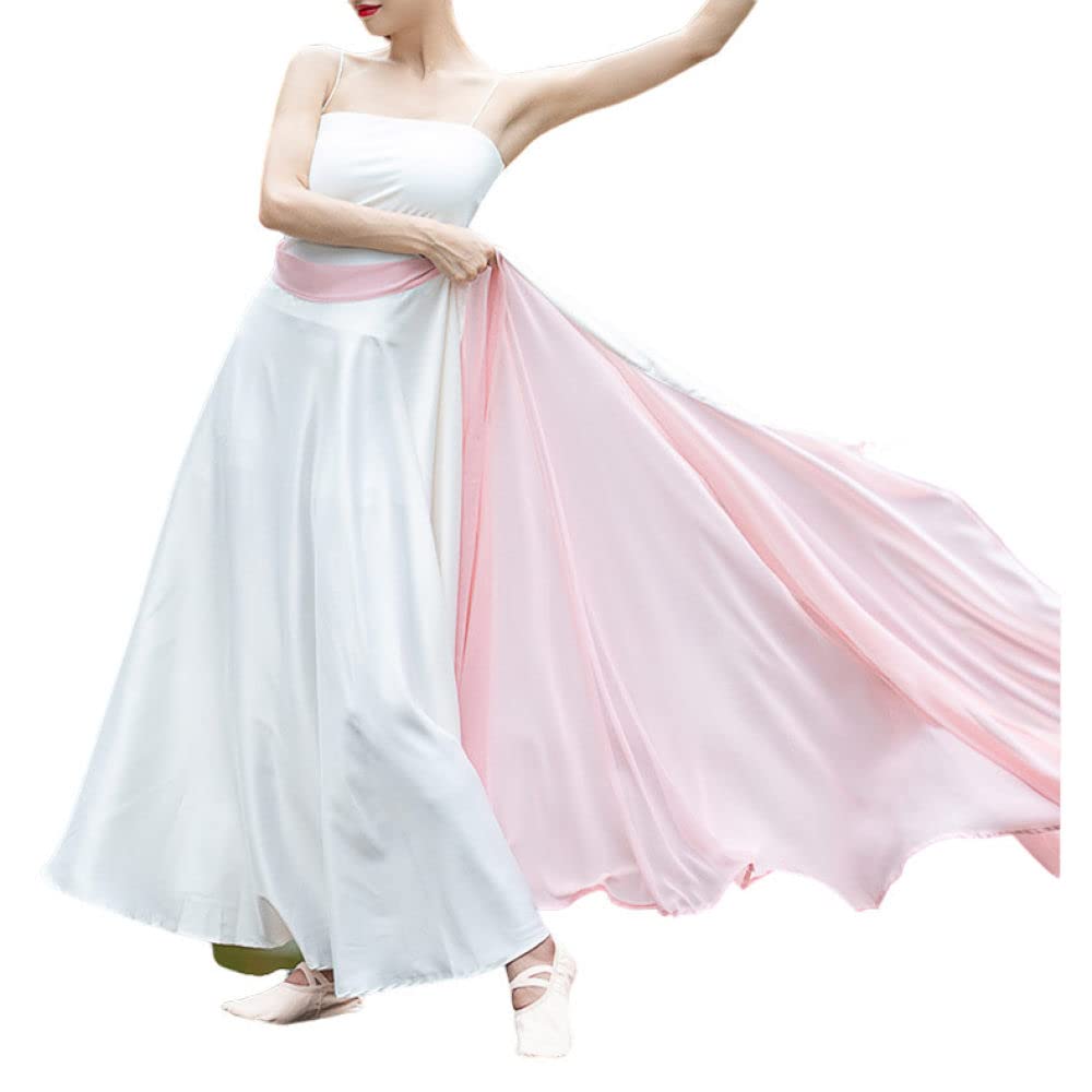Gonne Da Donna,Gonna Midi In Chiffon Di Raso Da Donna Bianco Rosa Gonna Con Lacci Sovrapposti Con Volant Gonna A-Line Grande Swing Flowy Spiaggia Danzatrice Del Ventre Danza Gonne Lunghe Per Ragazze