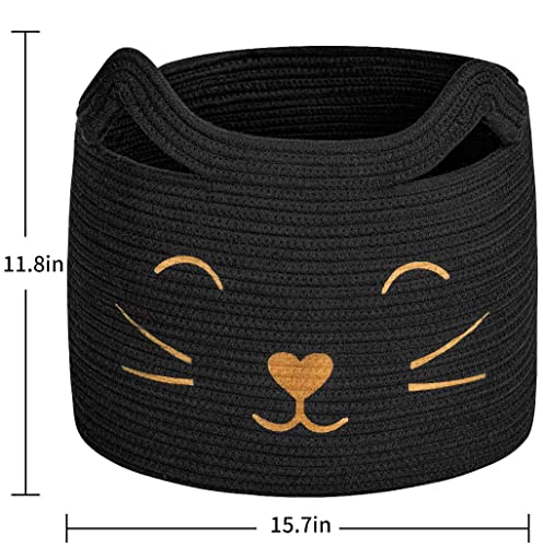 Image of Large Woven Cotton Rope Storage Basket, Laundry Basket Organizer for Toys, Blanket, Clothes, Towels, Gifts | Pet Gift Basket for Cat, Dog - 15.7 inch Lx13 inch Wx13.4 inch H, Black
