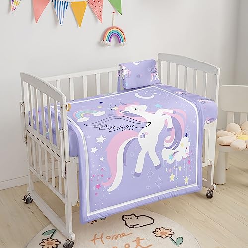 Image of Crib Bedding Set, 3-Piece Nursery Bedding with Comforter, Crib Sheet & Skirt, Watercolor Rainbow Unicorn Printed - Unicorn Purple