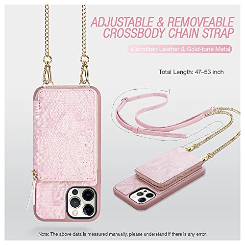 Wallet Case Compatible With Iphone 13 Pro, Zvedeng Card Holder Zipper Wallet Case With Crossbody Chain Strap Leather Purse For Women Shockproof Case For Iphone 13 Pro 6.1'' Lizard Skin Pink #TOP3