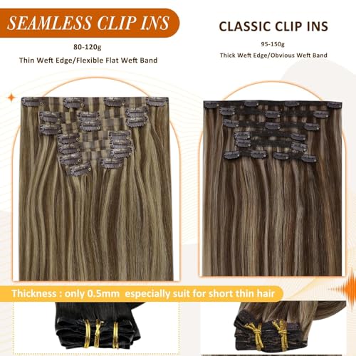 Image of Full Shine Clip in Human Hair Extensions 16 Inch Dark Brown with Honey Blonde Highlights Straight Seamless Human Hair Clip in for Women Add Volume 8 PCS 120 G | Balayage Ash Brown to Honey Blonde, Straight, Seamless Ultra-Thin Weft, Adds Volume, Heat Styling, Daily Wear, 8 Pcs 120g