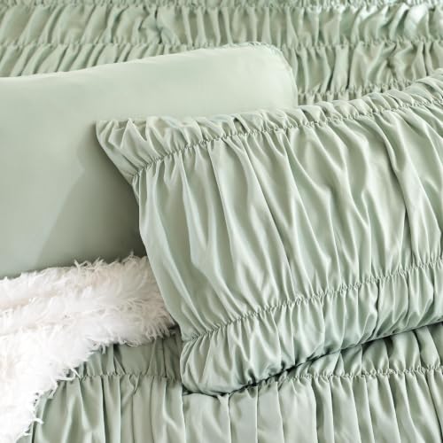 Image of weigelia Ruched Comforter Set Full Size, 3 Piece Sage Green Ruffle Bedding Comforter Set with 2 Pillowcases, Soft Lightweight Polyester Comforter for Girls Room, Dorm, Guest Room, Boho Bed Set