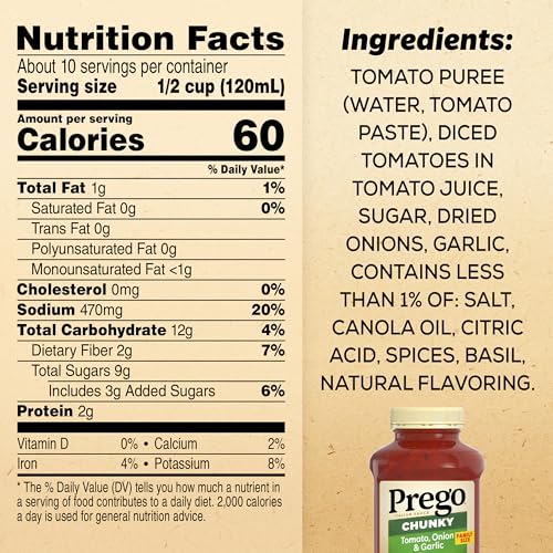 Image of Prego Chunky Tomato with Garlic and Onion Pasta Sauce, 45 Oz Jar (Case of 6)