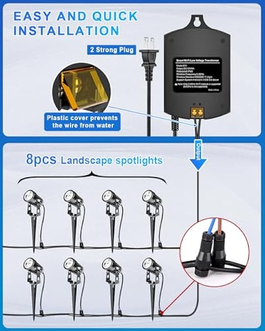 8-Pack Smart Low Voltage Landscape Lighting Kit ¨C with Wi-Fi 72W Transformer, 3 W Landscape Lights Spotlights with 65 FT Wire, App Control, 3000 K 12-24V, IP65 Outdoor Pathway Uplights