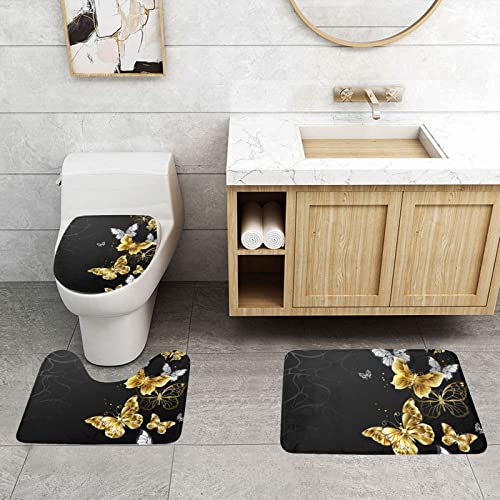 Badezimmer 3-teiliges Badezimmerteppich-Set, goldfarben, weiße Schmetterlinge, schwarzer Druck, 3-teiliges Badezimmerteppich-Set, Badematte + Kontur + Toilettendeckelbezug, rutschfeste Unterlage Sets – Bild 4