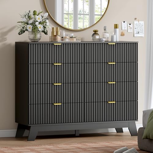 Image of Wodeer 8 Drawer Fluted Dresser for Bedroom, Mid Century Modern Dresser with 8 Drawers, Dressers & Chests of Drawers with Metal Handle, TV Stand & Storage Organizer for Entryway, Hallway, Black