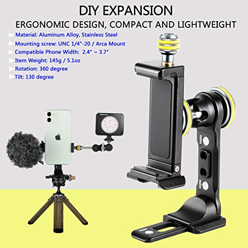 Metal Phone Tripod Mount For Iphone - Universal Cell Phone Stand Holder Clamp With Cold Shoe, 360° Rotatable Bracket, 1/4" Screw Mount, Adjustable Clip, Fits Iphone 12 Pro, Samsung, Android Smartphone #TOP3