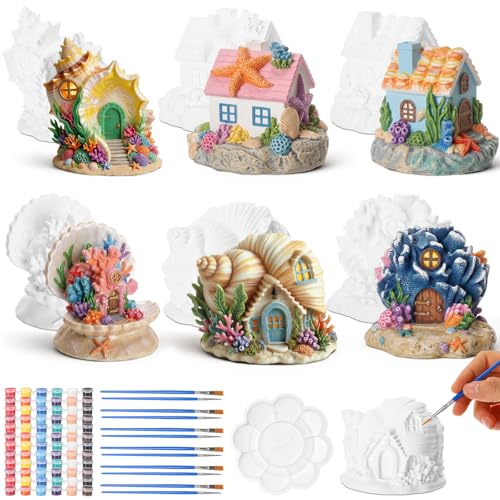Thyle 6 Set 5 Inch Ceramics Fairy House to Paint Ocean Fairy Garden House Craft Kit Paint Your Own Mini Conch Houses Statue for DIY Summer Arts and Craft Projects Summer Beach Party Favors