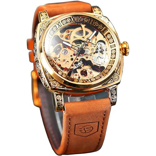 FORSINING Relojes de pulsera para hombre, diseño clásico de esqueleto cuadrado transparente, automático, mecánico, de cuero, luminoso, resistente al agua, Dorado 1, Correa FORSINING Relojes de pulsera para hombre, diseño clásico de esqueleto cuadrado transparente, automático, mecánico, de cuero, luminoso, resistente al agua, Dorado 1, Correa