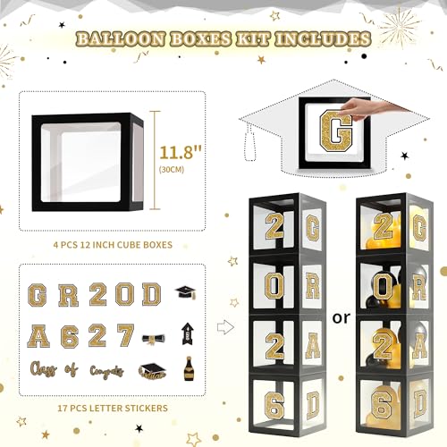 Image of Party Spot！2026 Black and Gold Graduation Party Decorations,124 PCS Graduation Decorations Class of 2026，4 PCS Balloons Boxes with LED Light String & Letters 2026 GRAD So Proud of You