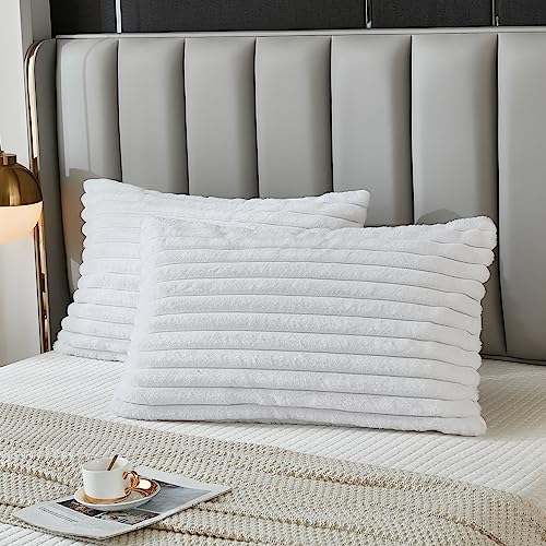Uhamho Bed Pillowcase Queen Set Of 2 Striped Faux Rabbit Fur And Velvet Back Rectangle Lumbar Pillow Covers Shams Modern Home Decorative thumb #1