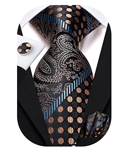 Image of Hi-Tie Paisley Floral Ties Set for Men Silk Mens Stripes Necktie Pocket Square Cufflinks Set Formal Business