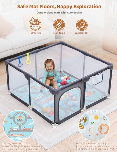 Image of Dripex Baby Playpen with Mat, 47 inchx47 inch Small Play Pen for Babies, Grey | Included Waterproof Mat / Pull up Rings, Breathable Visible Mesh, Anti-Fall Design, Easy Setup, Indoor /Outdoor Use