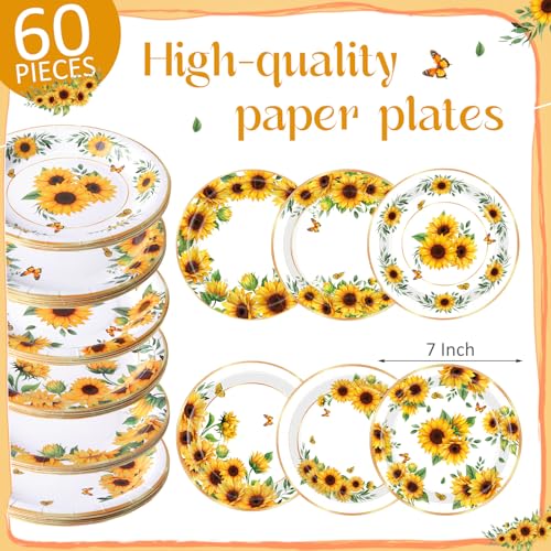 Image of Funnymoom 60 Pcs 7 Inch Sunflower Paper Plates Sunflower Birthday Party Decorations Yellow Floral Disposable Dessert Cake Plate for Spring Summer Wedding Bridal & Baby Shower Garden Tea Party Supplies