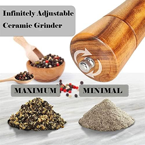 Salt and Pepper Grinder Set Adjustable Ceramic Grinders 2 Piece 8 Inches Acacia Wooden Salt & Pepper Mills with Cleaning & Brush Spoon