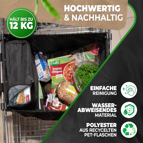 Cottara® Einkaufstasche für Einkaufswagen mit Kühlfach | Faltbare Einkaufswagentasche zum einhängen mit Kühlfunktion & Einkaufschip | Ideale Tasche für Einkaufswagen und Shopper (Schwarz mit Kühlfach)