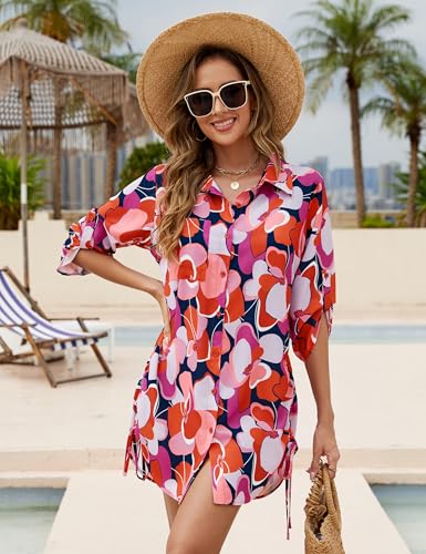 Image of Blooming Jelly Womens Bathing Suit Cover Ups Bikini Swimsuit Coverup Drawstring Button Down Beach Dress Shirt