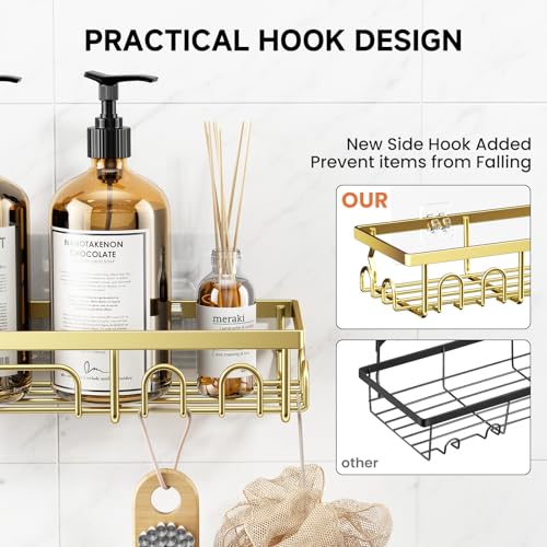 Image of Shower Caddy, 5 Pack Shower Shelves for Inside Bathroom, Rustproof Adhesive Bathroom Organizer with Soap Holder, No Drilling Washroom Organizers and Storage for Bathtub Room /Kitchen /Home, Gold