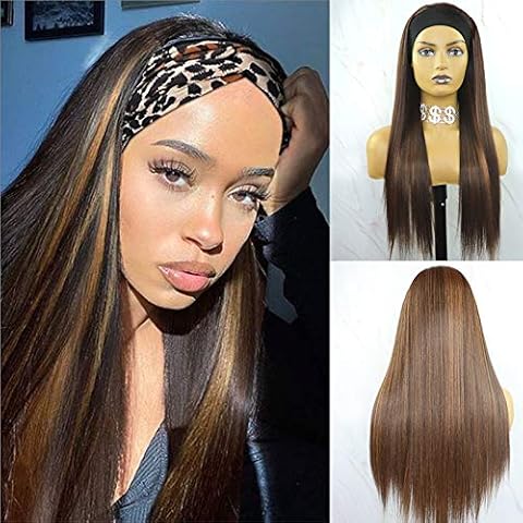 Lange Seide Gerade Perücken für schwarze Frauen Braun Highlight Stirnband Perücken Cover