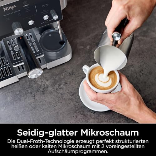 Ninja Luxe Essential 2-in-1-Kaffeemaschine mit Mahlwerk und Aufschäumer für Latte, Cappuccino & Espresso, einfache Handhabung, Silber, ES501EU + XSKDCLSOL4EUK Entkalkungs-Lösung (4 Pack), Powder