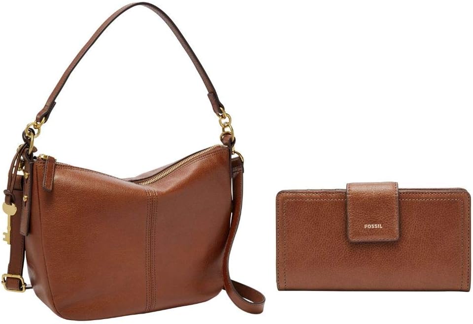 Fossil Women's Jolie Leather Crossbody Handbag, Brown with Women's Logan Faux Leather RFID Tab Clutch Wallet, Brown