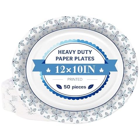 VEIZEDD 50 Pcs Oval Paper Plates 12 x 10 in Large Disposable Dinner Platters Heavy Duty for Holidays,BBQs,Birthdays Party,Celebration Cover