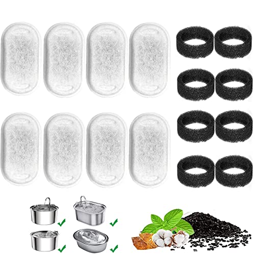 Berein 8+8 Stück Ersatzfilter für Trinkbrunnen Edelstahl Schaumfilter + Aktivkohlefilter Trinkbrunnen für Katze Katzenbrunnen Kohlefilter Cover